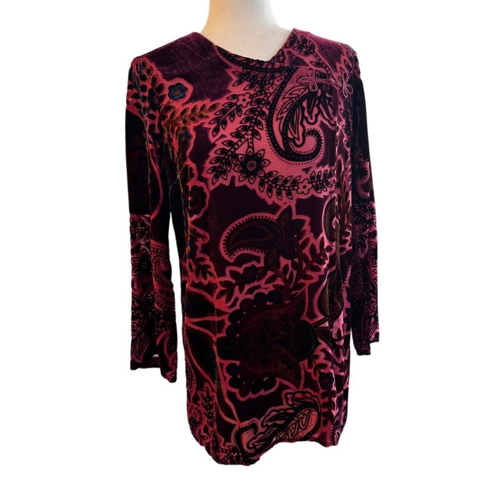 CITRON Santa Monica Velvet Burnout Burgundy Tunic Top Size M